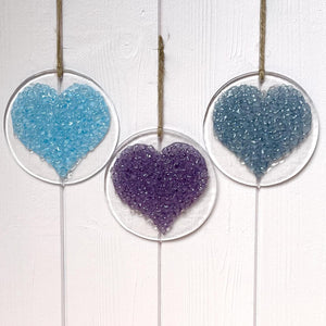 Country Heart New pretty round Hangings Set of 3 colours Turquoise Purple Grey