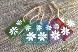 Berserks Glass Fused glass window or door handle set 6 colours small hangings with 2 daisies.