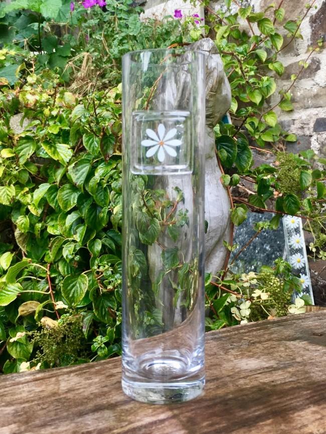 Berserks Glass fused glass tall slender vase with clear glass decorated with white daisy with gold centre