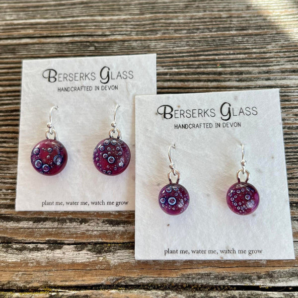 Drop Earrings in Dichroic or Bubble glass, displayed on wildflower seeded card.