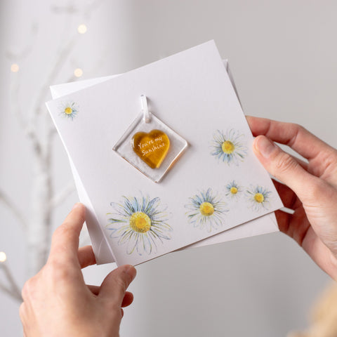 Set of 3 Recycled Greetings Cards decorated with Daisies with handmade glass hanging in Sunshine Yellow