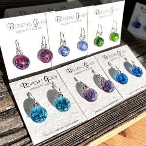 Drop Earrings Set of 24 in dichroic glass displayed on wildflower seeded card.