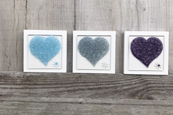 Berserks Glass Fused Glass Country Sweetheart Daisy Wall Art Set 3 Turquoise Grey Purple 12cm by 12cm each.  Raised colourful hearts with coordinating daisy, mounted and ready to hang.