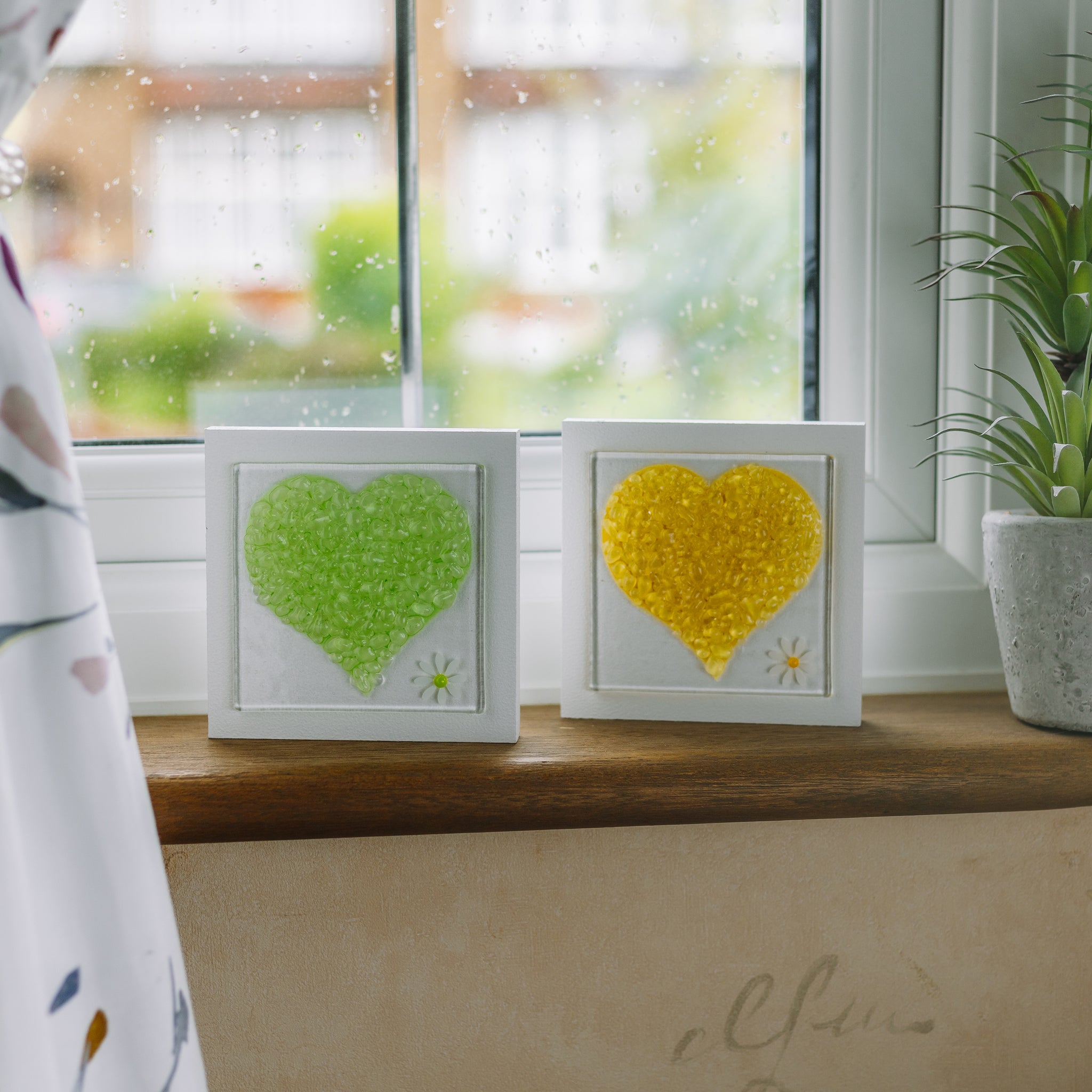 Fused Glass Country Sweetheart Daisy Wall Art Set 3 Yellow Lime Jade