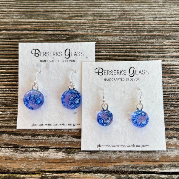 Drop Earrings in Dichroic or Bubble glass, displayed on wildflower seeded card.