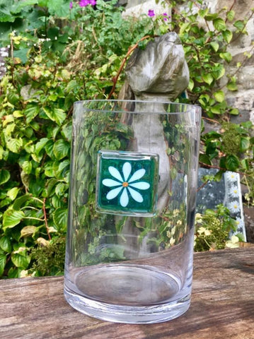 Fused Glass Daisy large Vase - Aqua