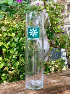 Berserks Glass fused glass tall slender vase with aqua glass decorated with white daisy with gold centre