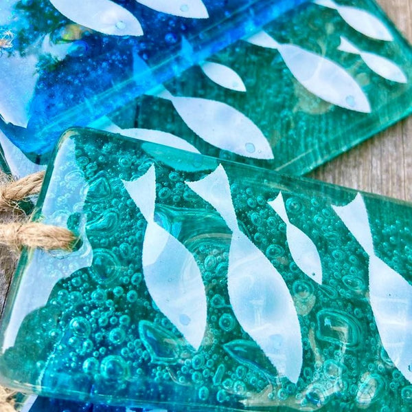 Berserks Glass Coastal inspired fused glass hangings in aqua turquoise and seaweed green, bubble textured glass and lots of swimming little fishes.