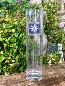 Berserks Glass fused glass tall slender vase with lavender glass decorated with white daisy with gold centre