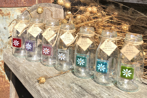 Berserks Glass fused glass vintage old school style bud vases with colourful glass squares, decorated with a white daisy with a gold centre.