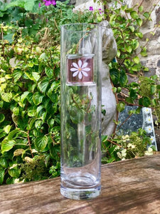 Berserks Glass fused glass tall slender vase with pink glass decorated with white daisy with gold centre