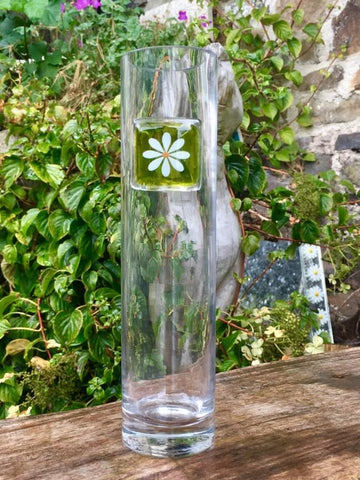 Berserks Glass fused glass tall slender vase with spring green glass decorated with white daisy with gold centre