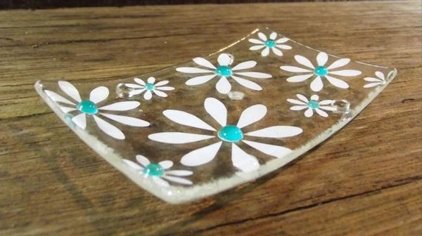 Berserks Glass fused glass daisy decorated soap dish with aqua glass daisy centres with handmade Devon soap included