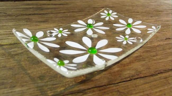 Berserks Glass fused glass daisy decorated soap dish with spring green glass daisy centres with handmade Devon soap included