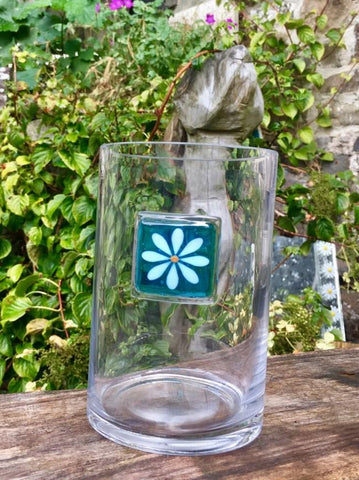 Fused Glass Daisy large Vase - Turquoise