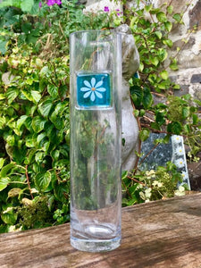 Berserks Glass fused glass tall slender vase with turquoise glass decorated with white daisy with gold centre