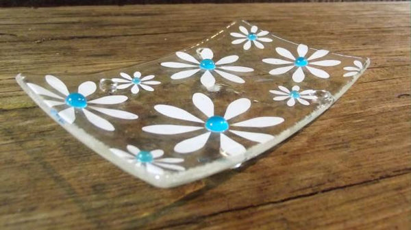 Berserks Glass fused glass daisy decorated soap dish with turquoise glass daisy centres with handmade Devon soap included